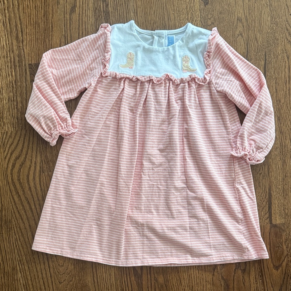 Trotter Street Kids Pink And White Stripe Dress Embroidered Cow Girl Boots